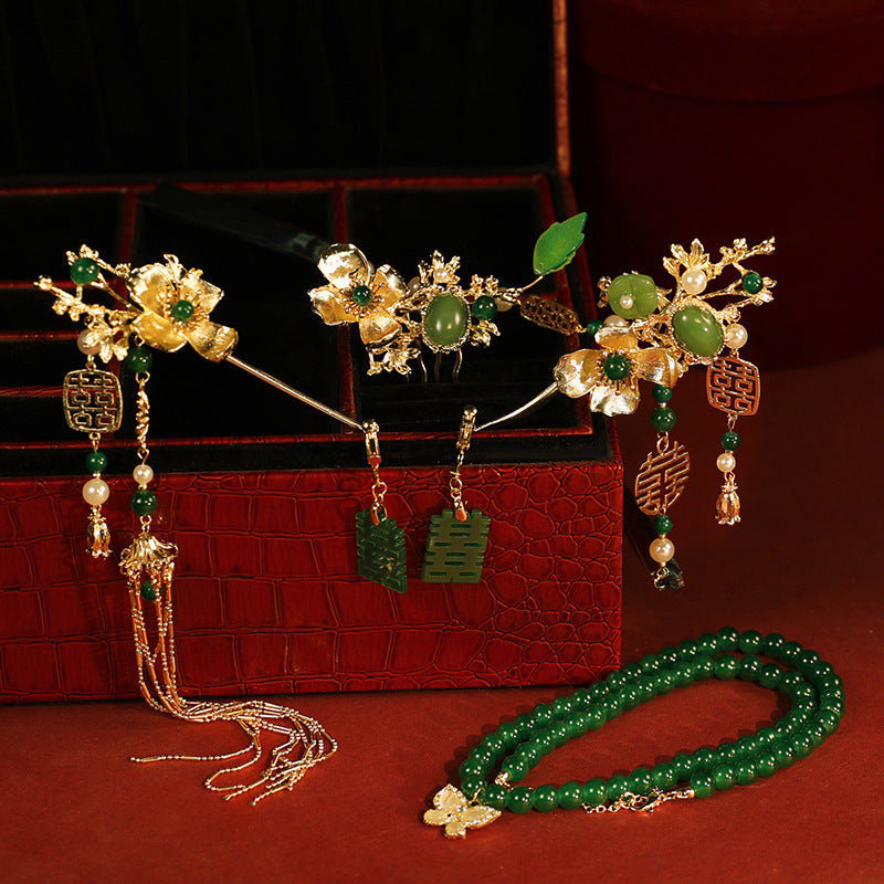 New Chinese style headwear, green bamboo hairpin, phoenix hairpin necklace, earrings, paired hairpin, swaying step by step