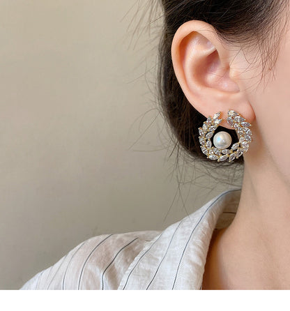 5A grade zircon wheat ear earrings with genuine gold electroplating, female S925 pure silver needle, Shijia pearl earrings, ear accessories