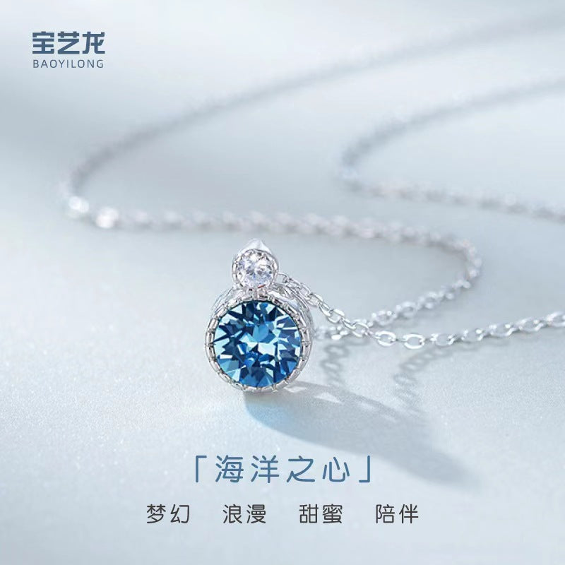 Classic Ocean Heart Necklace Women's Jewelry S925 Silver Crystal Pendant Clavicle Chain