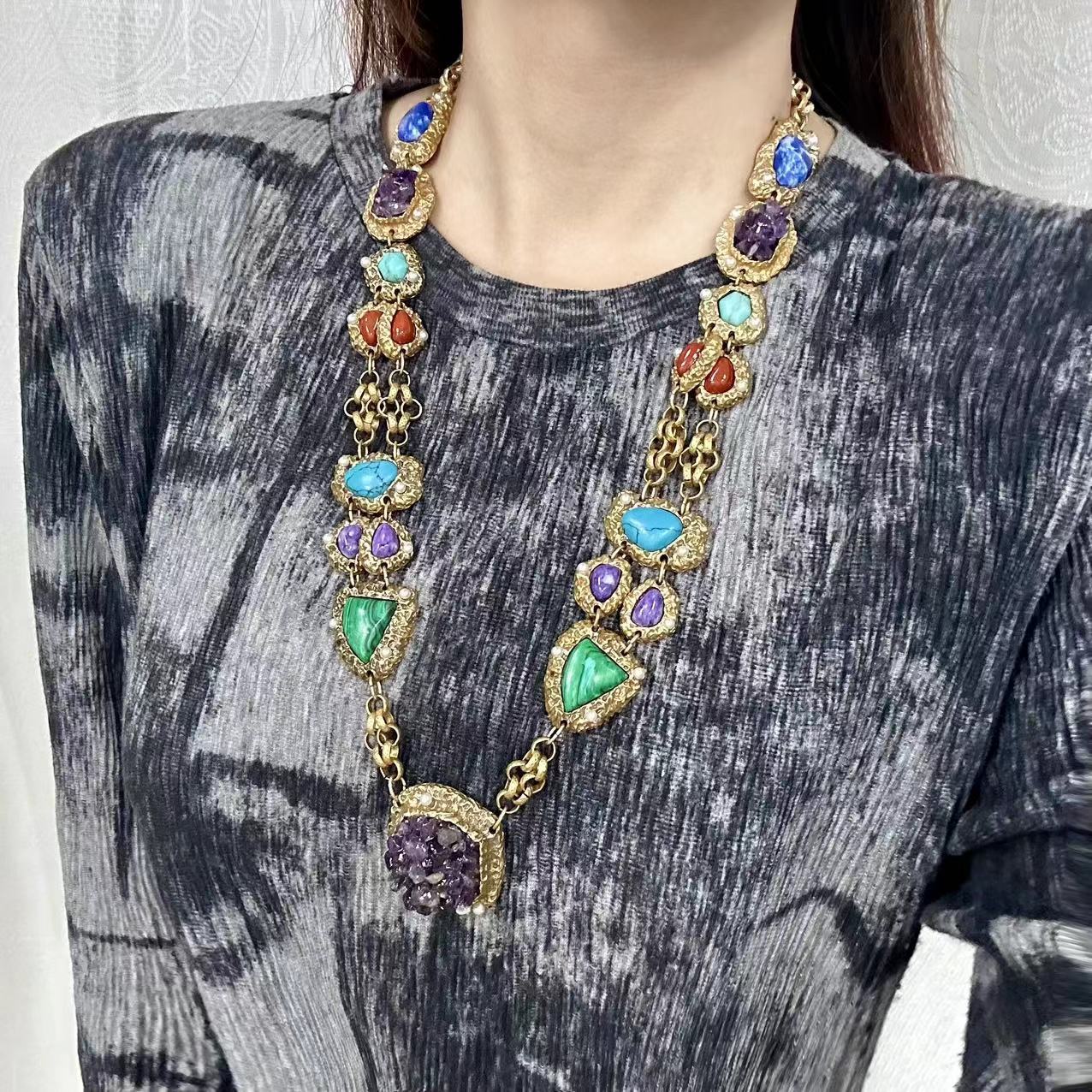 Antique natural stone made necklaces, earrings, amethyst, pine stone tassel earrings