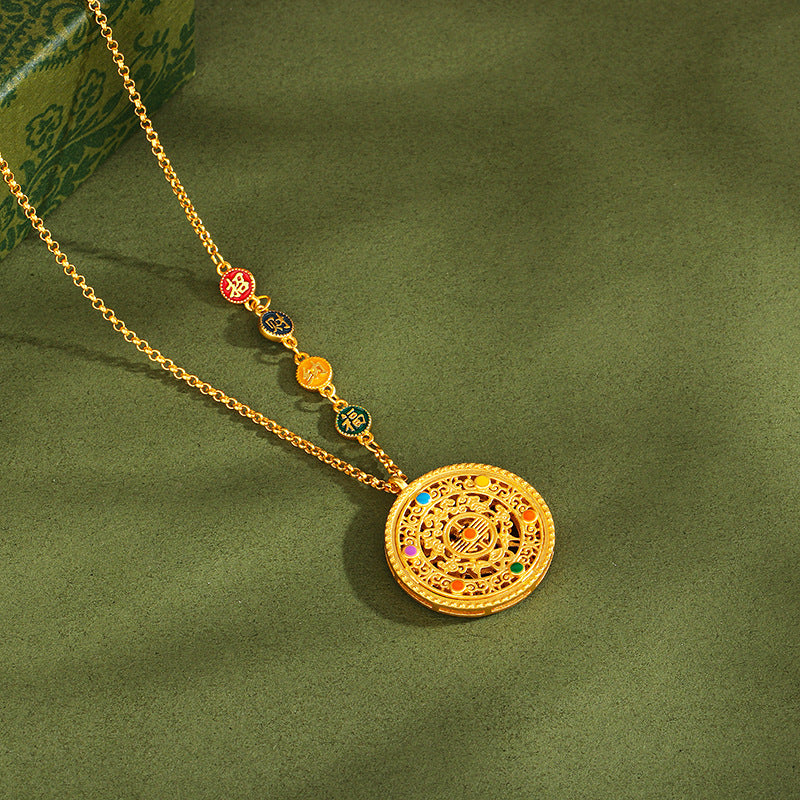 S925 pure silver eight treasure compass pendant, medieval gold flower silk, auspicious enamel, perfect and auspicious eight treasure necklace