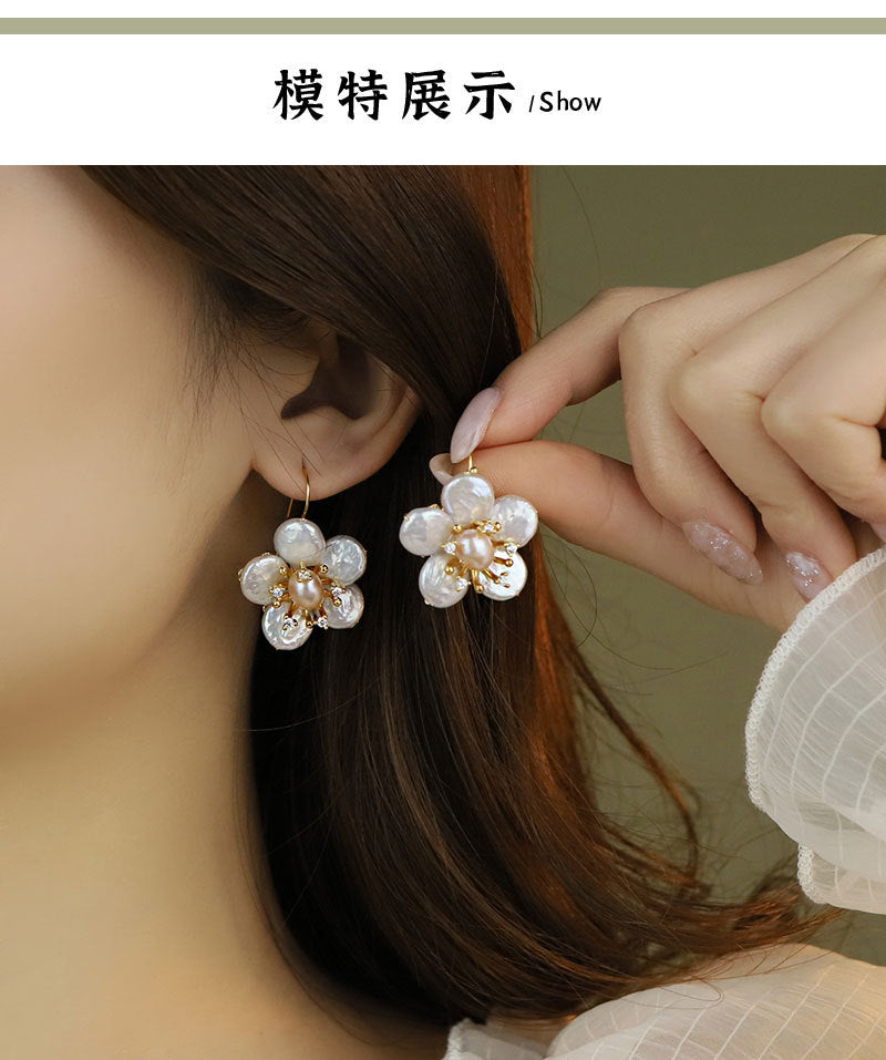 Natural Baroque Pearl Earrings, Simple Style Earrings S925 Silver Needle Flower Earrings
