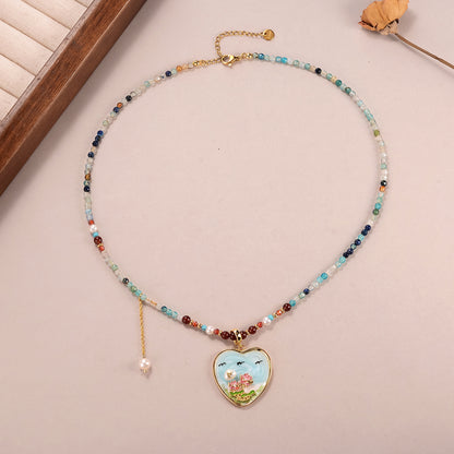 Stars and natural pearls love oil painting necklace