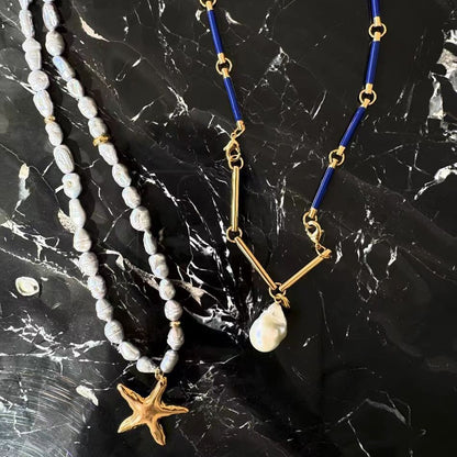 Summer vacation style blue starfish necklace, women's commuting bamboo necklace, simple and versatile, imitation Baroque pearl pendant