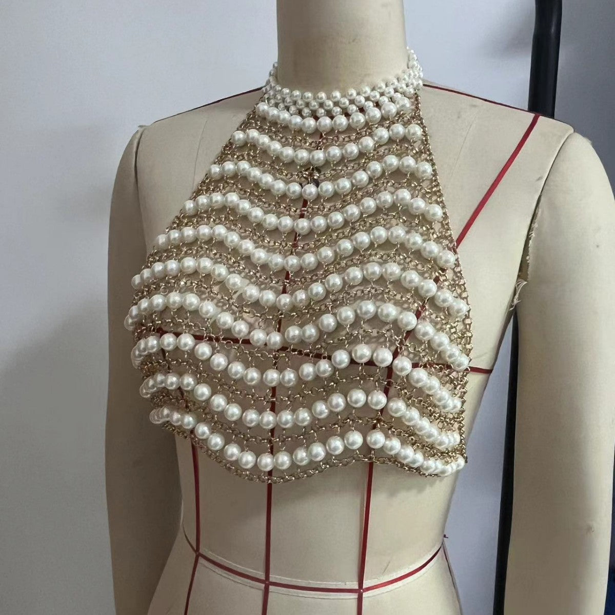 L6561Y Handmade Shell Beach Chest Chain Body Chain Corset Holiday Outfit Pearl Chain Vest Top