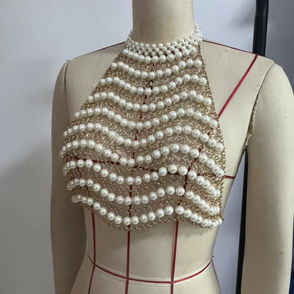 L6561Y Handmade Shell Beach Chest Chain Body Chain Corset Holiday Outfit Pearl Chain Vest Top