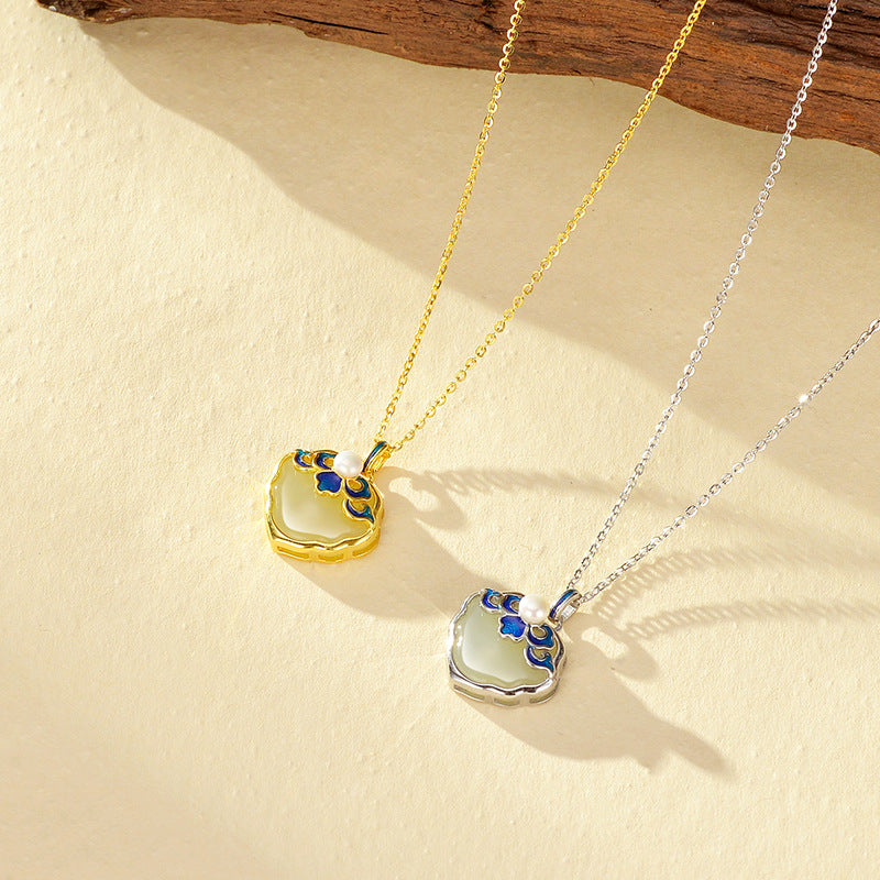 Blue and white porcelain baking varnish wishful item S925 sterling silver natural Hotan Jade pendant advanced clavicle chain