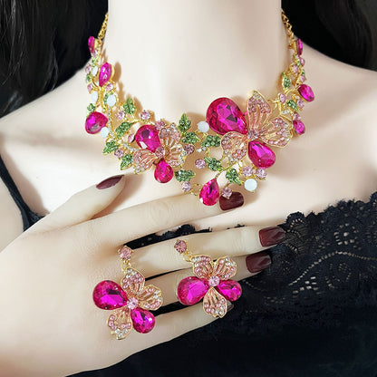 Popular European and American flower necklaces, earring sets, new colorful crystal gemstone evening dress accessories