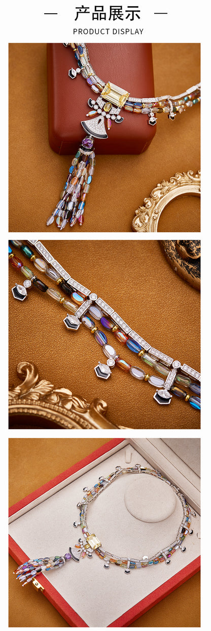 Colored rice bead tassel necklace gold-plated chain