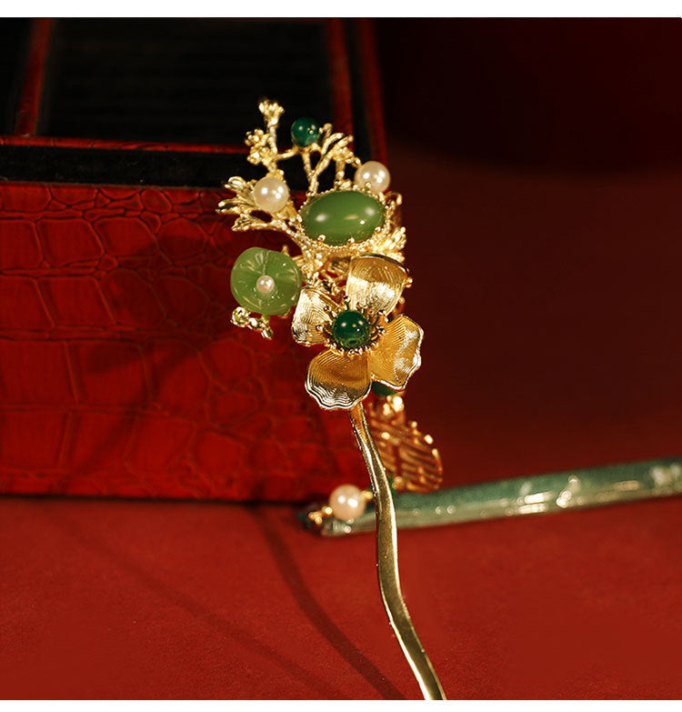 New Chinese style headwear, green bamboo hairpin, phoenix hairpin necklace, earrings, paired hairpin, swaying step by step