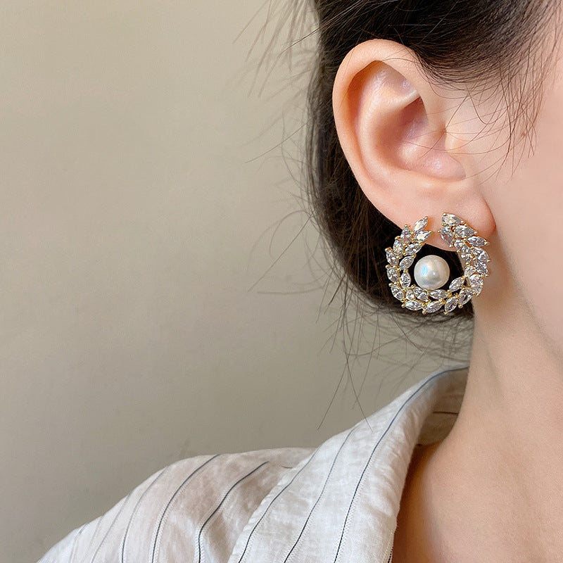 5A grade zircon wheat ear earrings with genuine gold electroplating, female S925 pure silver needle, Shijia pearl earrings, ear accessories