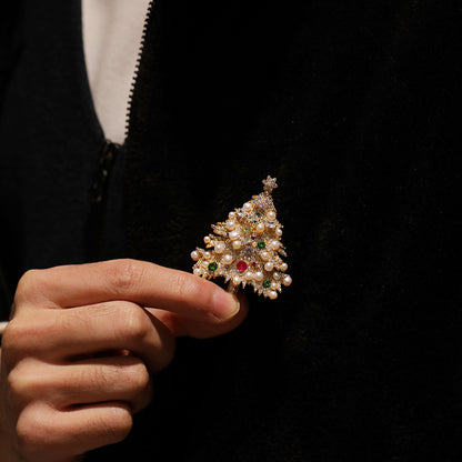 Original natural pearl copper zircon Christmas tree chest flower brooch Christmas gift