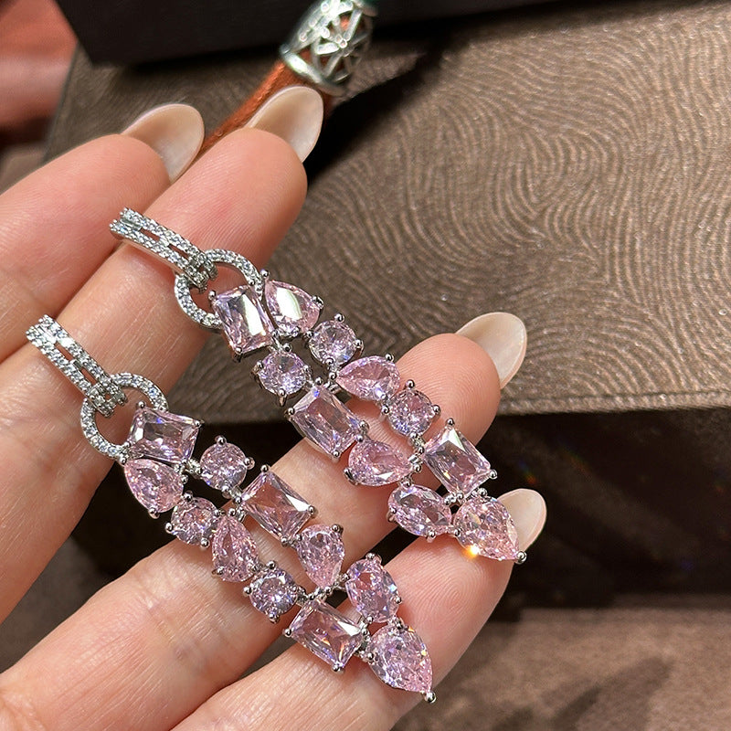 Pink square diamond water drop diamond zircon buckle earrings