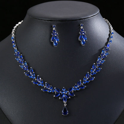 European and American Fashion Zircon Necklace+Earring Set Bridal Dress Banquet Accessories # Women's Holiday Wear