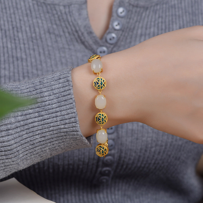 Cabaret S925 silver inlaid natural Hotan Jade bracelet lotus picking enamel China-Chic antique hand ornament