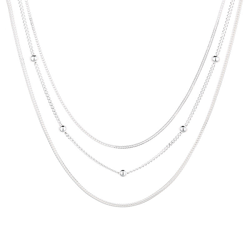 S925 pure silver geometric spherical fine chain multi-layer necklace with personalized European and American punk style street fashion collarbone chain