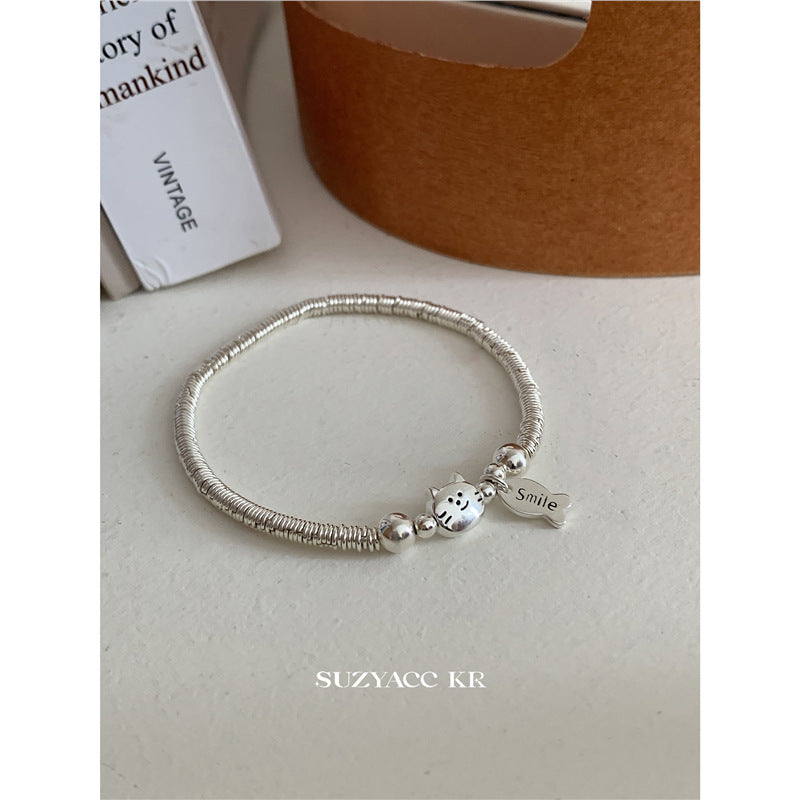 Simple bead sterling silver small plate wrapped with cat and fish bracelet, versatile and exquisite bracelet