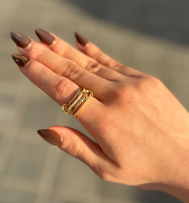 Fashion jewelry S925 pure silver four ring interlocking diamond ring with personalized design sense ring