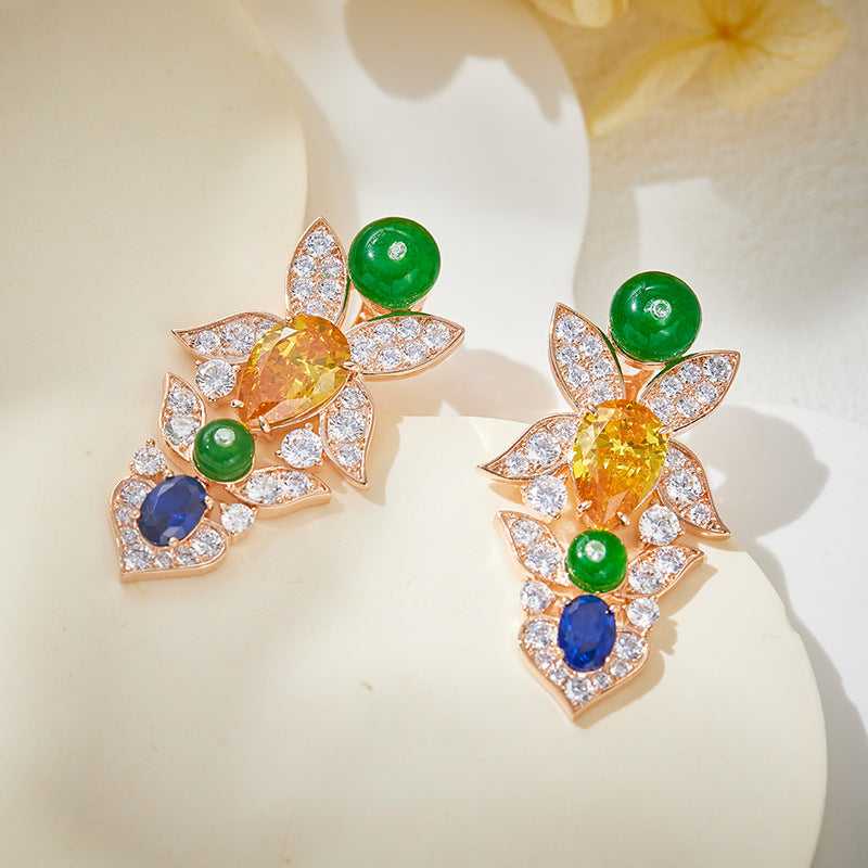 New Secret Garden Earrings Gold Plated with Pear shaped Yellow Diamonds, High Grade Flower Cluster Earrings