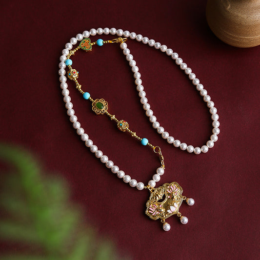 Shi Jiabei Pearl, Ancient Style, Blue Color, Ruyi Lock Pendant, Sand Gold Accessories, Necklace, Pearl Necklace