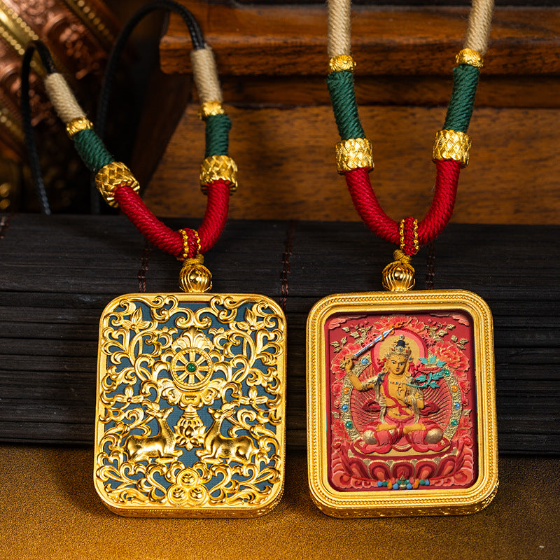 Green Tara Zakhilam Fifth Master's Past and Present Lives Necklace Hand drawn Tangka Brass Necklace