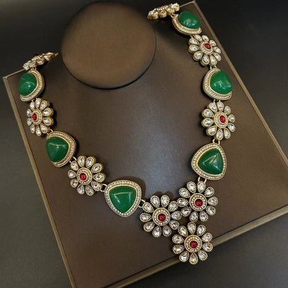Gufu high-end necklace set, temperament, diamond studded necklace, earrings, earrings, emerald green
