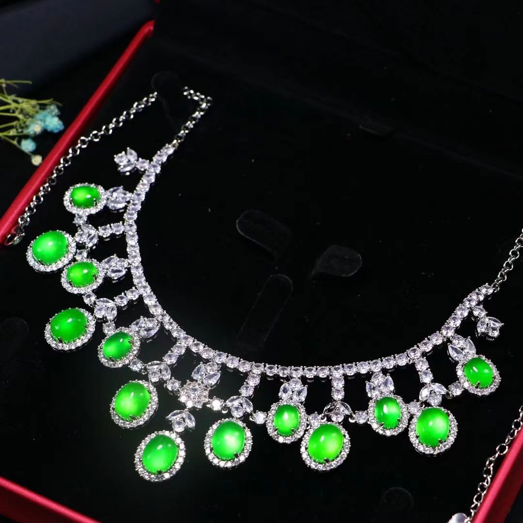 Ice seed emerald jade color jadeite plated 925 silver necklace