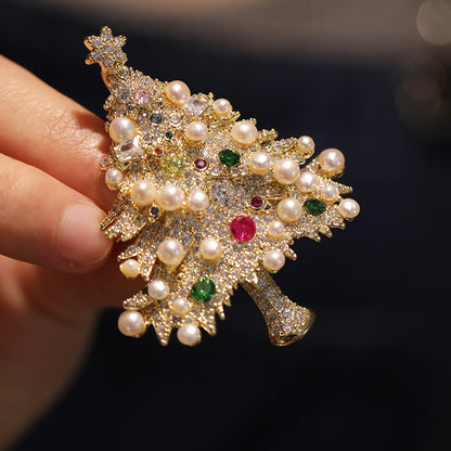 Original natural pearl copper zircon Christmas tree chest flower brooch Christmas gift