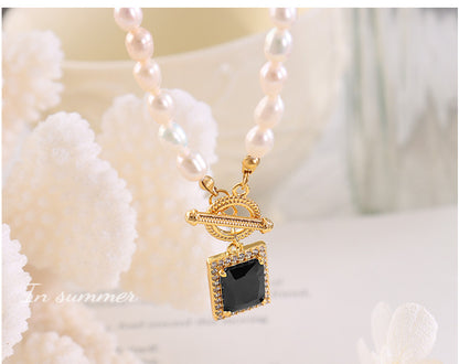 French freshwater pearl collarbone chain zircon starry square pendant necklace versatile titanium steel jewelry
