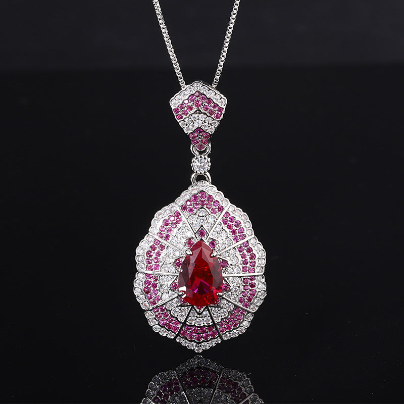 New jewelry set necklace pendant, red zircon earrings, Baroque retro earrings, European and American rings