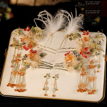 New Chinese style Xiuhe headwear, simple gold hairpin necklace set, hair accessories, fashionable accessories