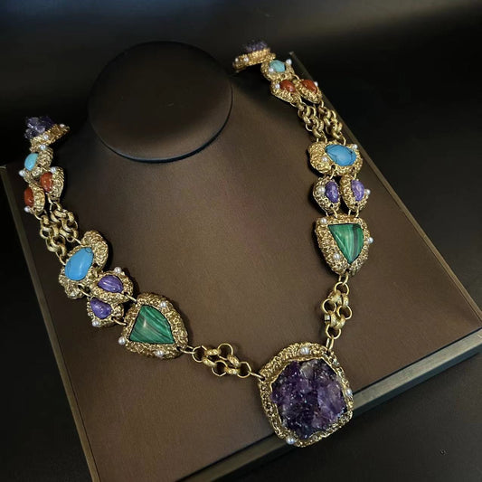 Antique natural stone made necklaces, earrings, amethyst, pine stone tassel earrings