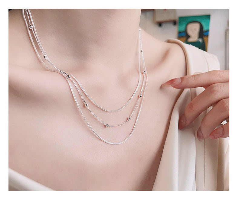 S925 pure silver geometric spherical fine chain multi-layer necklace with personalized European and American punk style street fashion collarbone chain