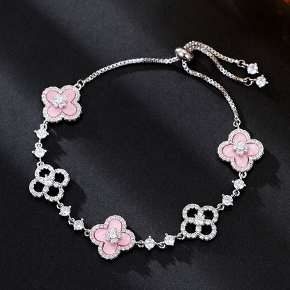 Light luxury micro inlaid zircon lucky grass shell bracelet with adjustable pull-out function, high-end exquisite mother shell bracelet bracelet and accessories