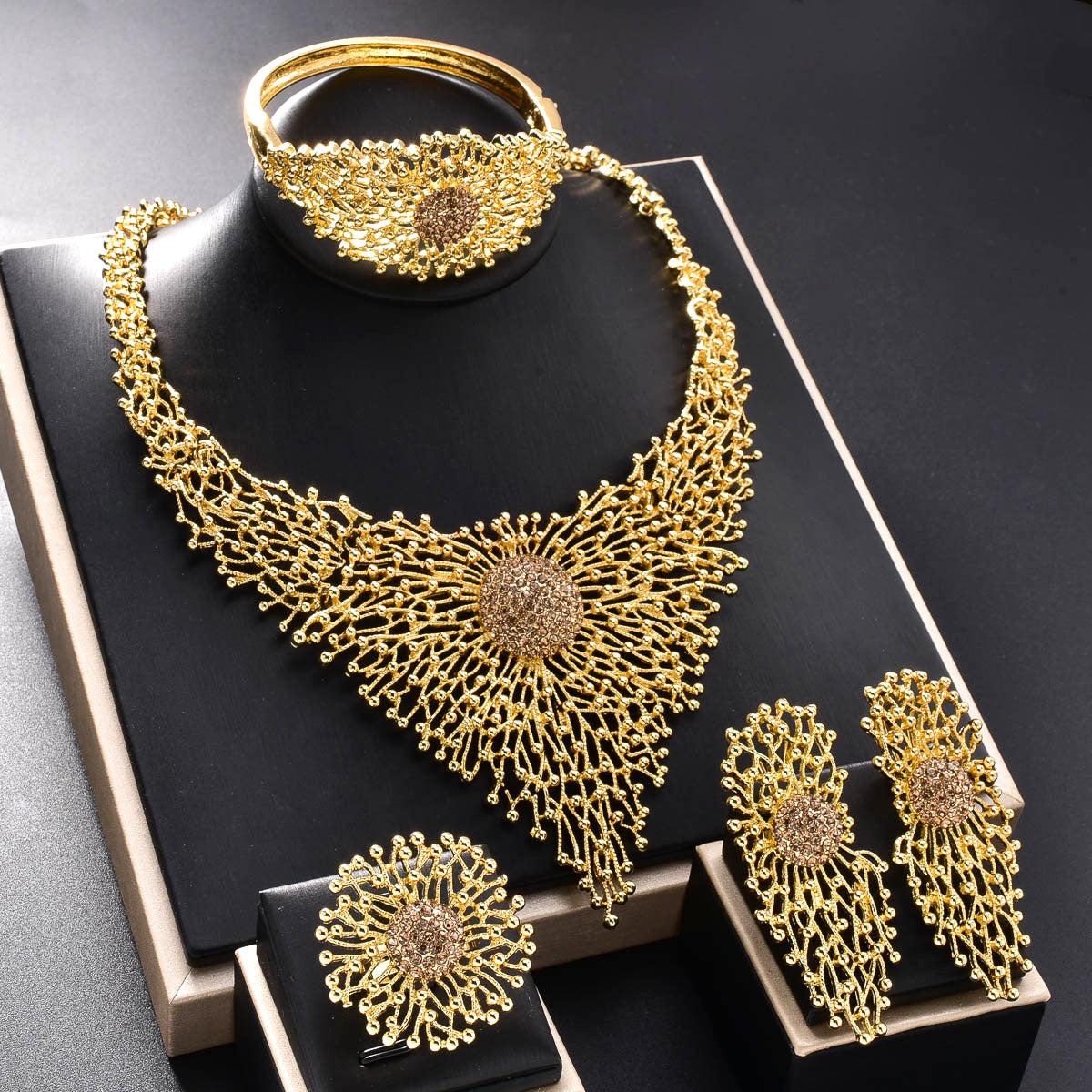 European and American Dubai 18K inlaid rhinestone necklace, earrings, rings, bracelets, jewelry set
