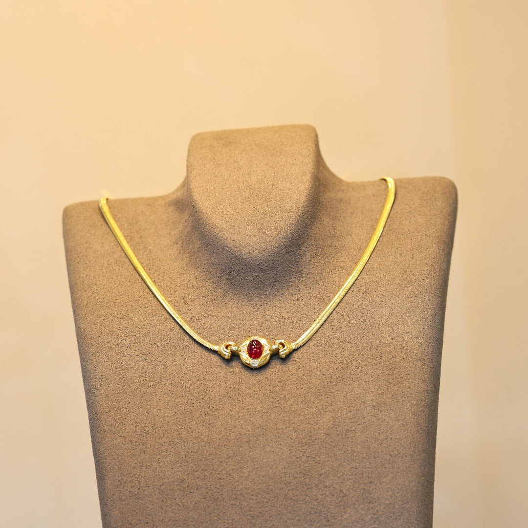 Retro cultivated plain egg shaped ruby collarbone necklace S925 silver snake bone chain versatile necklace