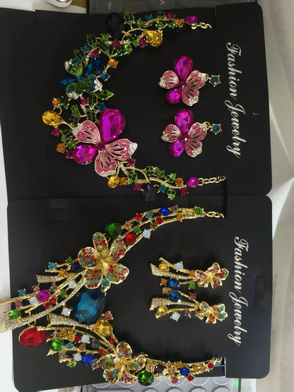 Popular European and American flower necklaces, earring sets, new colorful crystal gemstone evening dress accessories