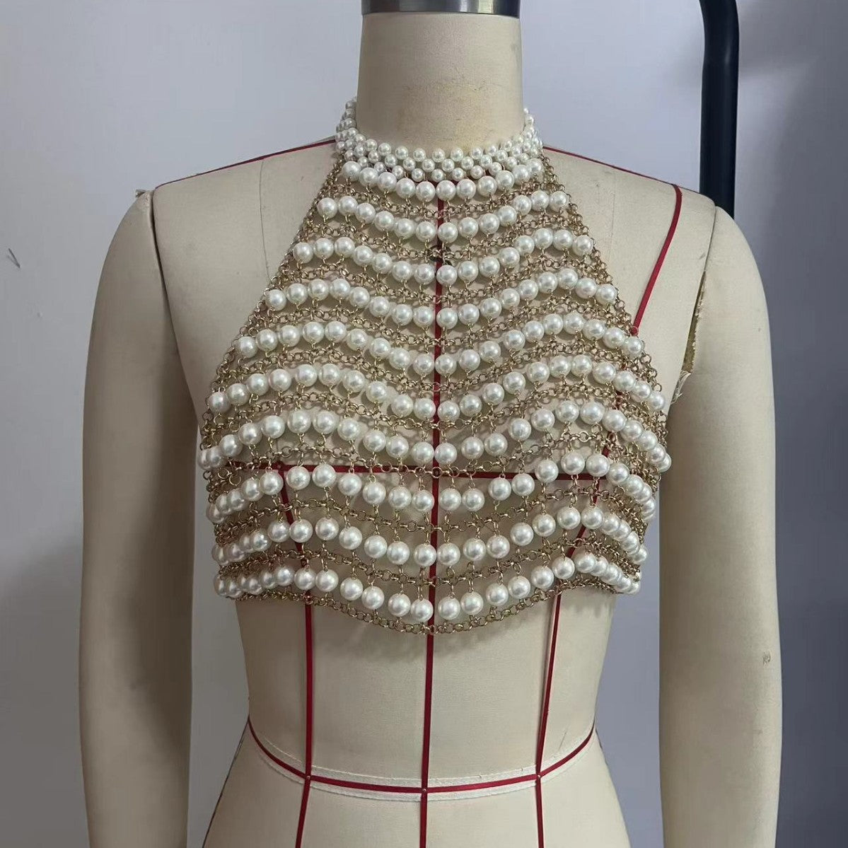 L6561Y Handmade Shell Beach Chest Chain Body Chain Corset Holiday Outfit Pearl Chain Vest Top