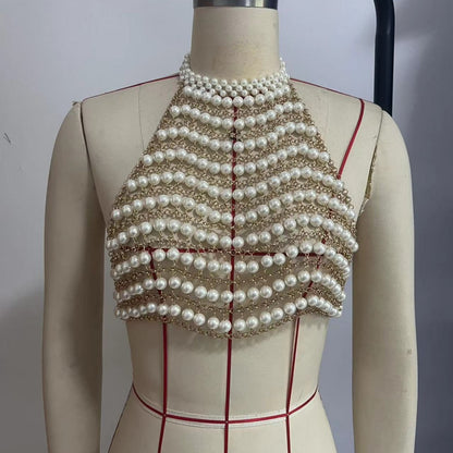 L6561Y Handmade Shell Beach Chest Chain Body Chain Corset Holiday Outfit Pearl Chain Vest Top