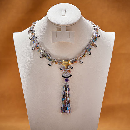 Colored rice bead tassel necklace gold-plated chain