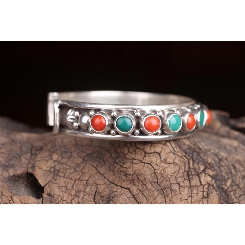 bracelet  Sterling silver inlaid with natural turquoise Nepalese Tibetan jewelry ethnic style