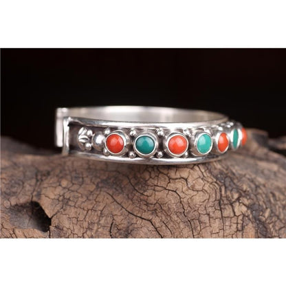 bracelet  Sterling silver inlaid with natural turquoise Nepalese Tibetan jewelry ethnic style