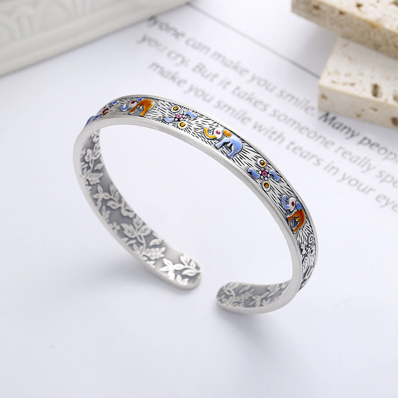 S999 pure silver matte craftsmanship auspicious auspicious elephant dropper pattern inner circle heavy industry design exquisite bracelet