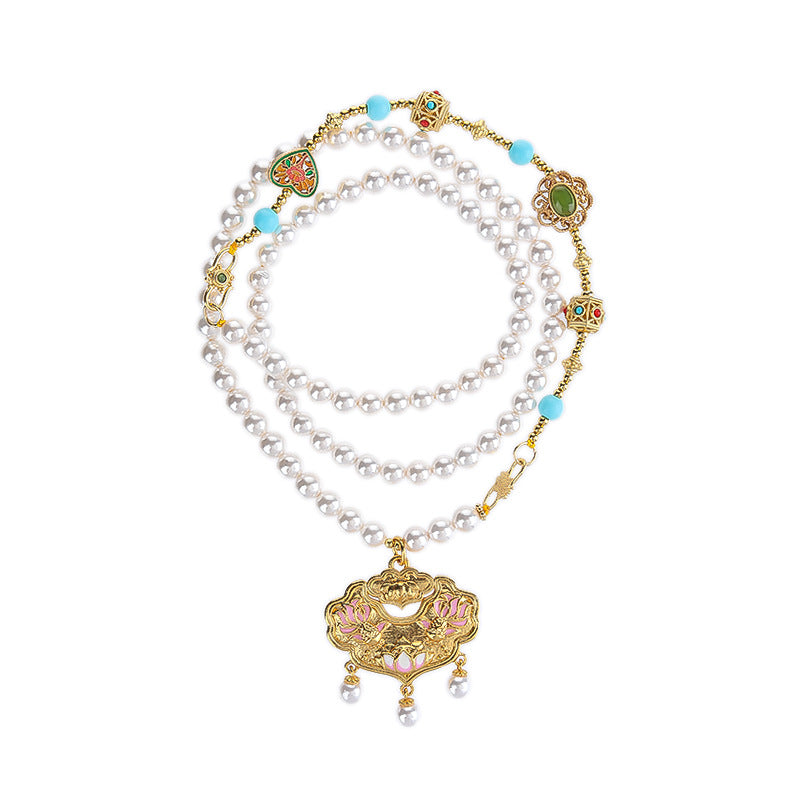 Shi Jiabei Pearl, Ancient Style, Blue Color, Ruyi Lock Pendant, Sand Gold Accessories, Necklace, Pearl Necklace