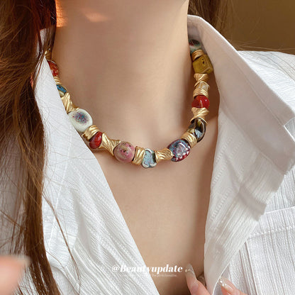 Ethnic style ceramic flower necklace, vintage collarbone chain