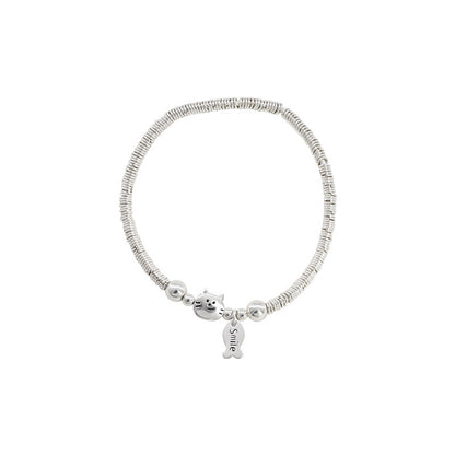 Simple bead sterling silver small plate wrapped with cat and fish bracelet, versatile and exquisite bracelet