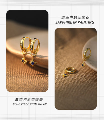 Yuanfan 925 sterling silver fashionable retro sapphire earrings ins European and American star zircon earrings fashion accessories