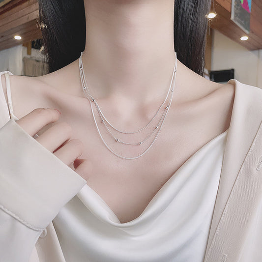 S925 pure silver geometric spherical fine chain multi-layer necklace with personalized European and American punk style street fashion collarbone chain