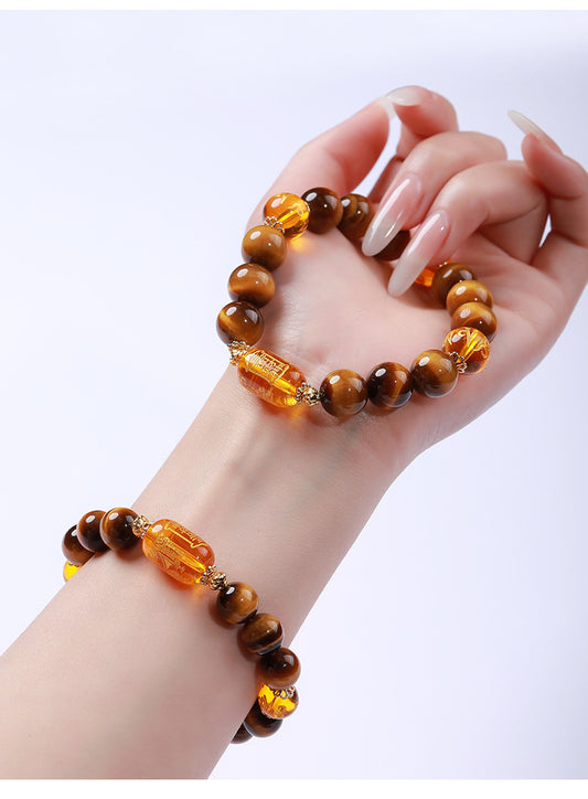 Five Road God of Wealth Natural Yellow Tiger Eye Stone Hand String Six Character Mantra Bracelet Fashion Gift
