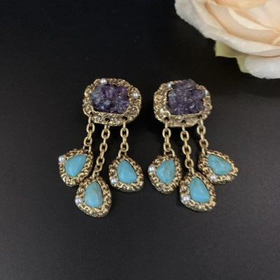 Antique natural stone made necklaces, earrings, amethyst, pine stone tassel earrings